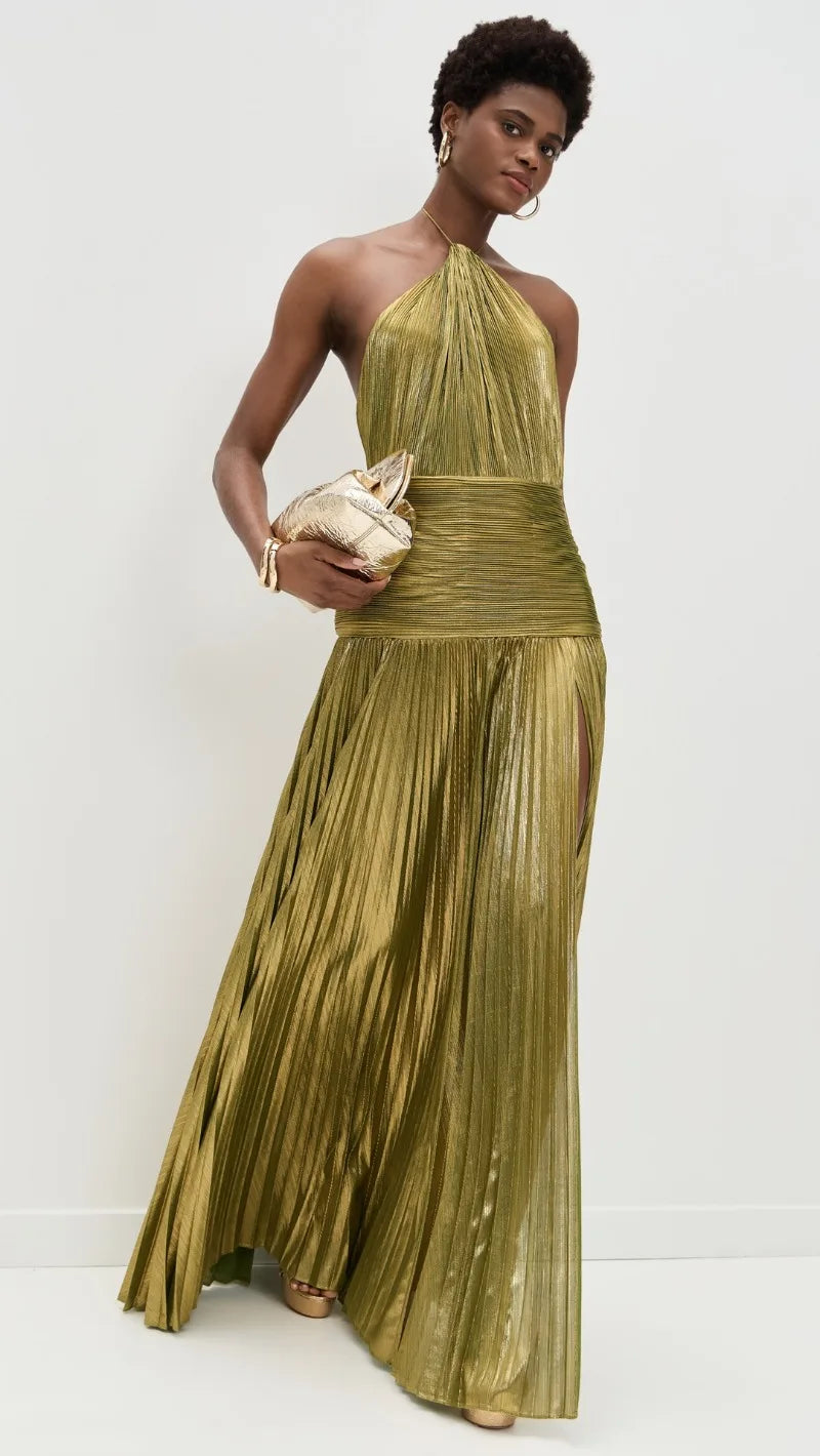 Metallic Gold Off Shoulder Backless Halter Long Dress w/ High Split