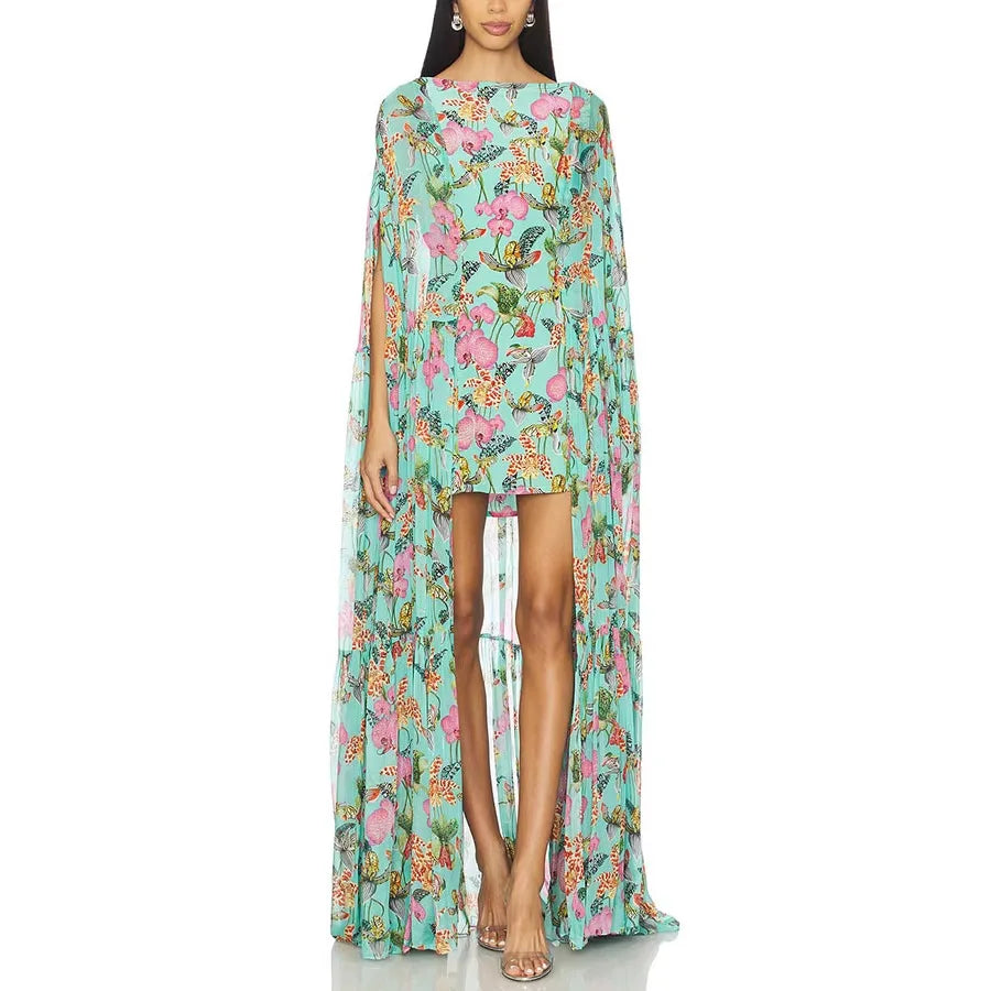 Flower Print Chiffon Big Hem Slim Mini Designer Dress