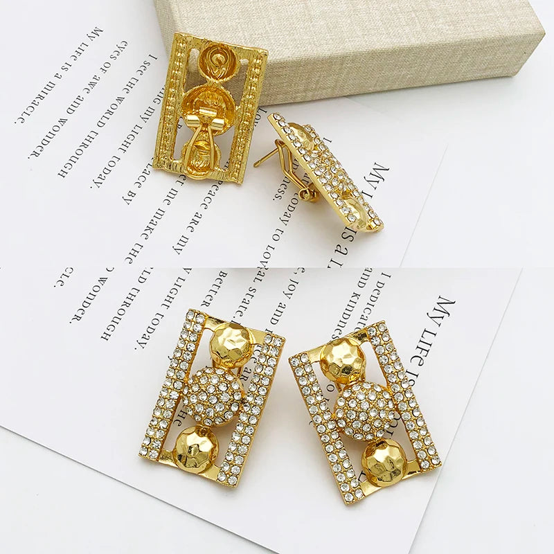 Women Rhinestone Luxury Design Rectangle Shape Necklace Bracelet Earring Ring Set