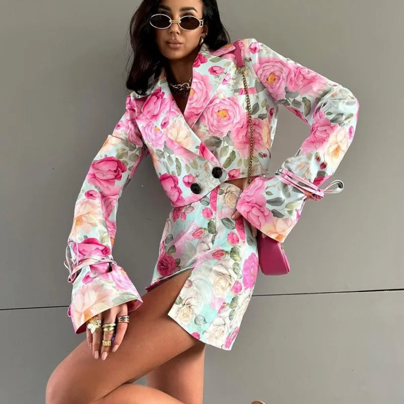 Floral Print Elegant Long Sleeve Lapel Button Crop Top Bodycon Mini Skirt Two Piece Set
