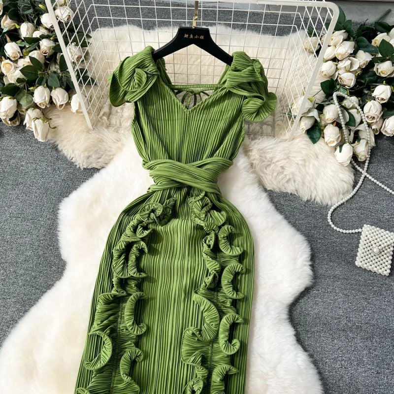 Ruffles Spliced Sleeveless V-Neck Bodycon Maxi Long Evening Dress