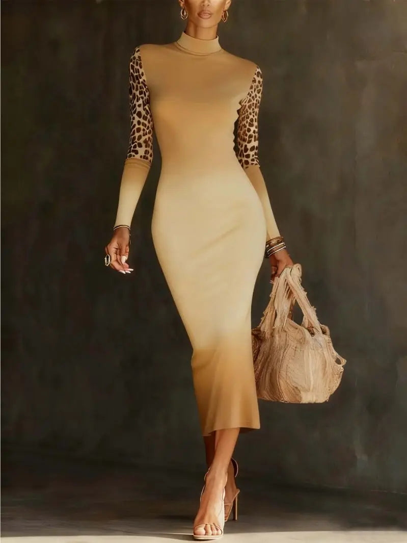 Women Elegant Slim Fit Mid Length Long Sleeve Slimming Waistband Dress