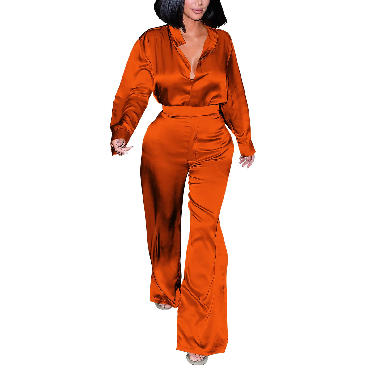 Satin Women's Long Sleeve Blouse and Wide Leg Pant 2 Piece Set