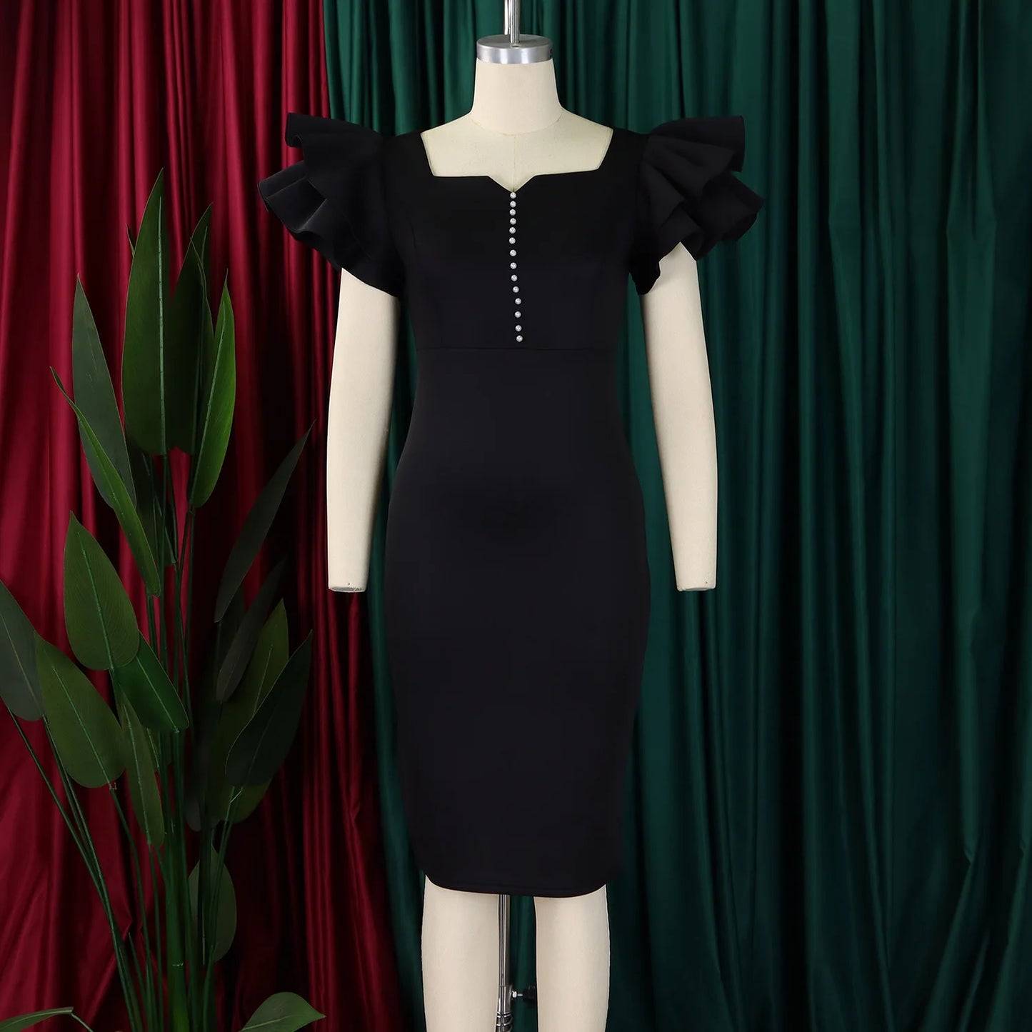 Designer Nail-Beaded Lotus Sleeve A-Line Dress