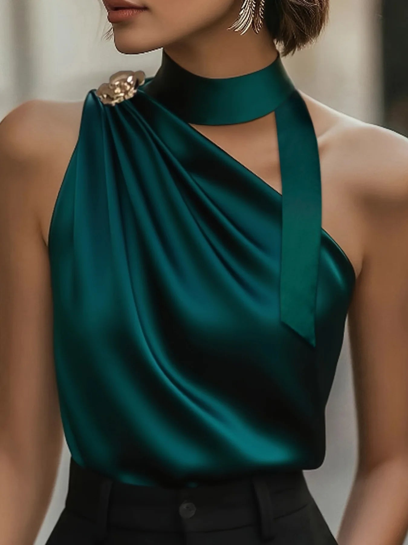 Satin Turtleneck Bow Lace Up One-Shoulder Design Sleeveless Blouse
