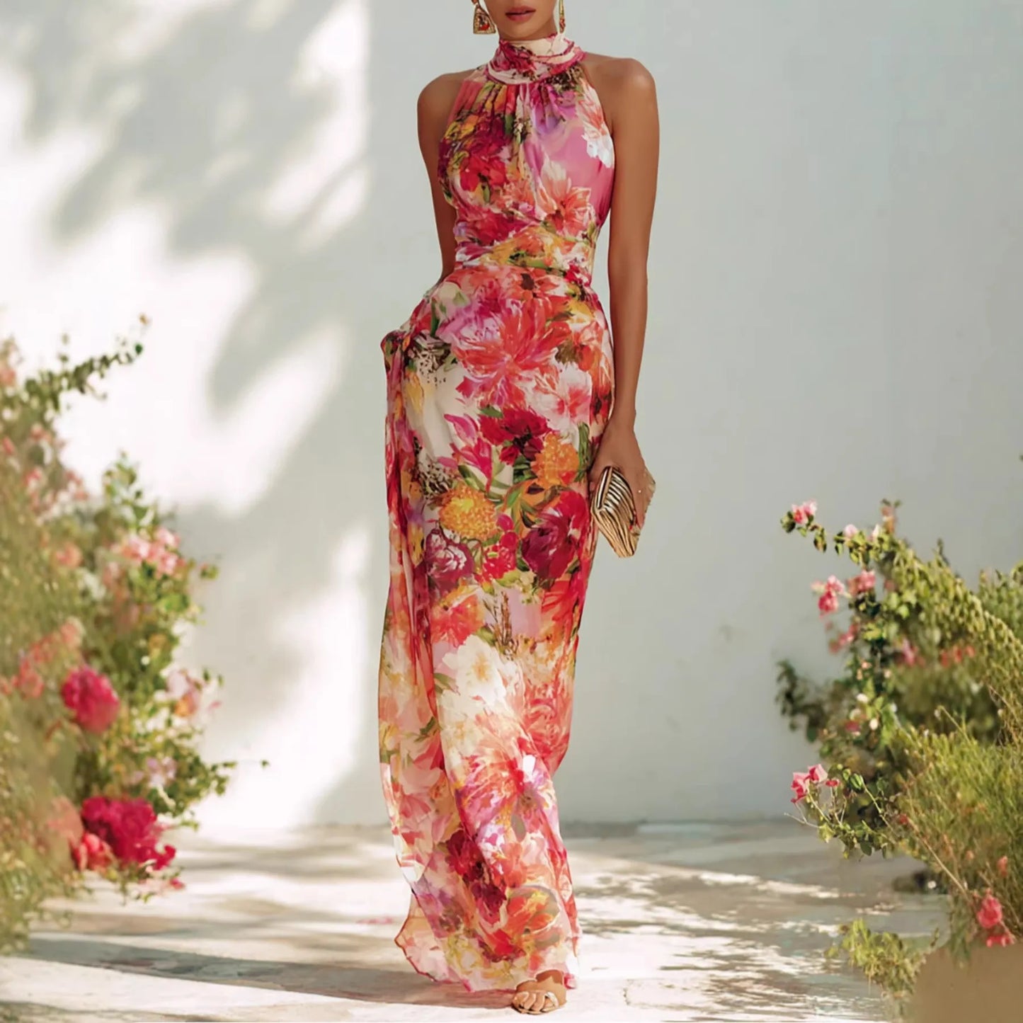Summer Floral Print Halter Neck Sleeveless Bodycon Chiffon Dress