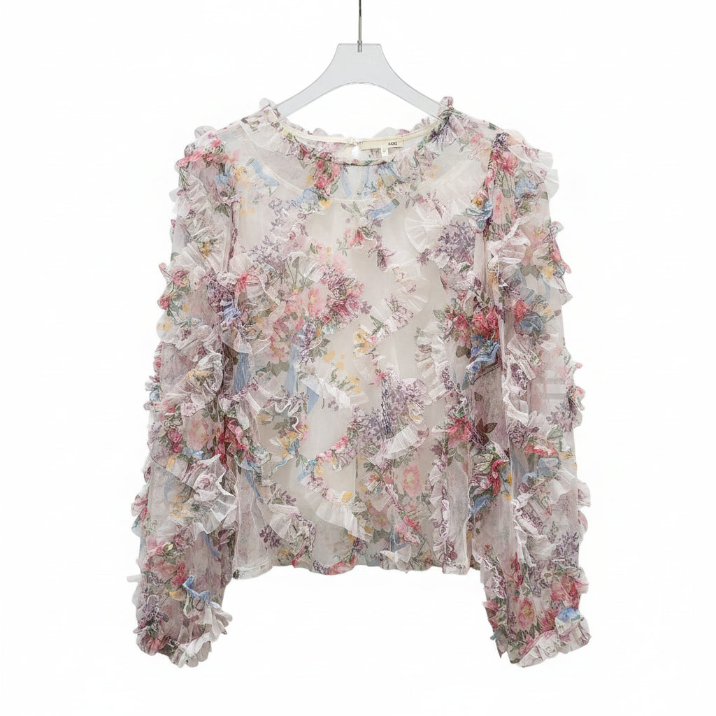 French Style Floral Pleated Mesh Chiffon Blouse