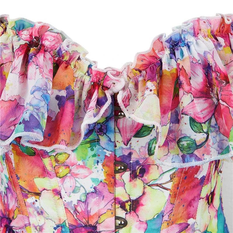 Woman Sexy Floral Ruffle Puff Sleeve Off Shoulder Corset