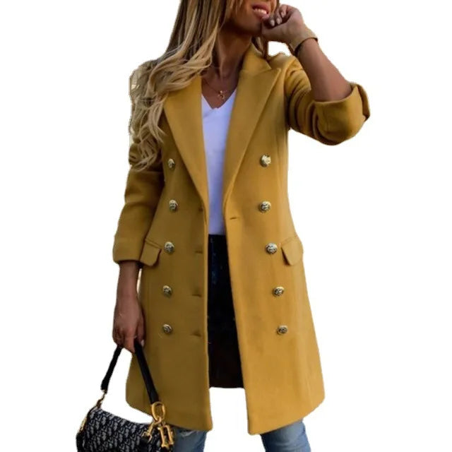 Women Solid Color Button Down Slim Sleeve Long Winter Coat