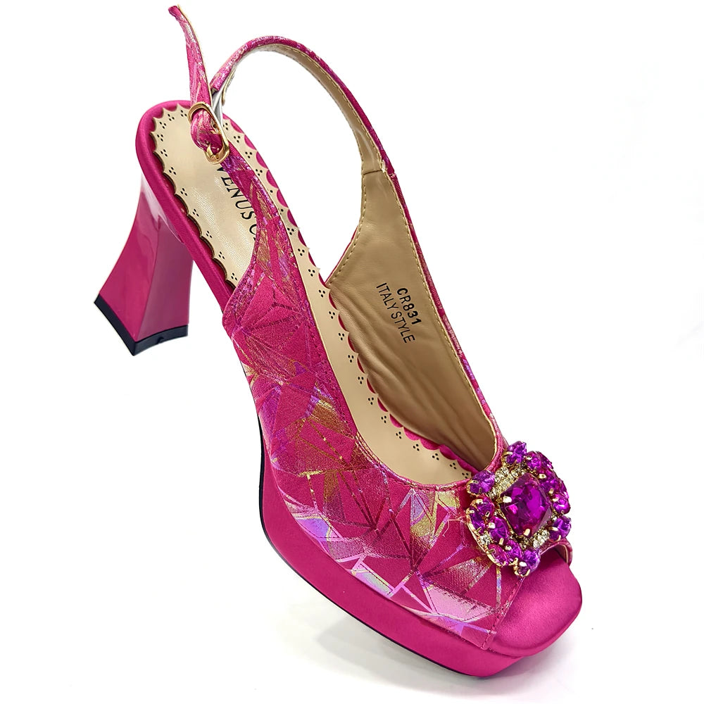 Elegant Women Peep Toe Designer Rhinestone Italian Shoes and Matching Bags