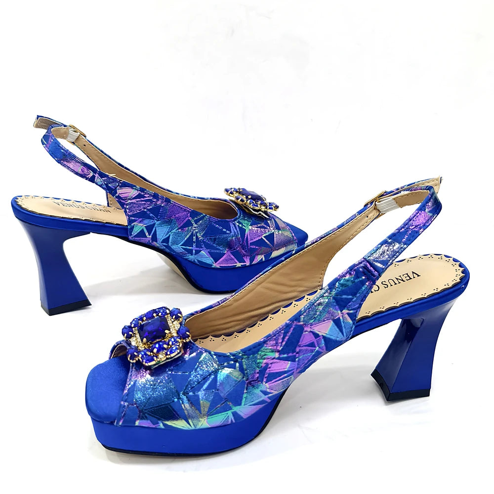 Elegant Women Peep Toe Designer Rhinestone Italian Shoes and Matching Bags