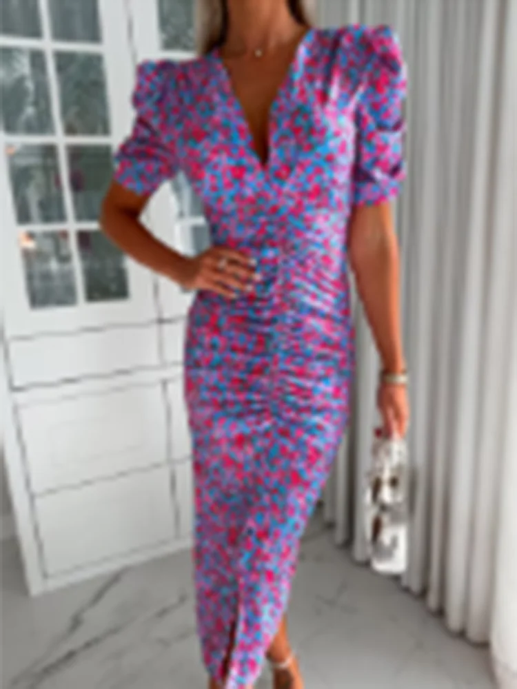 Sexy Summer Floral Print Deep V Neck Short Sleeve Bodycon Dress