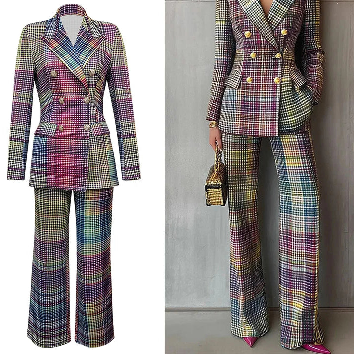 Women's Chic Plaid Long Sleeve Button Blazer and High Waisted Straight Leg Pant Set