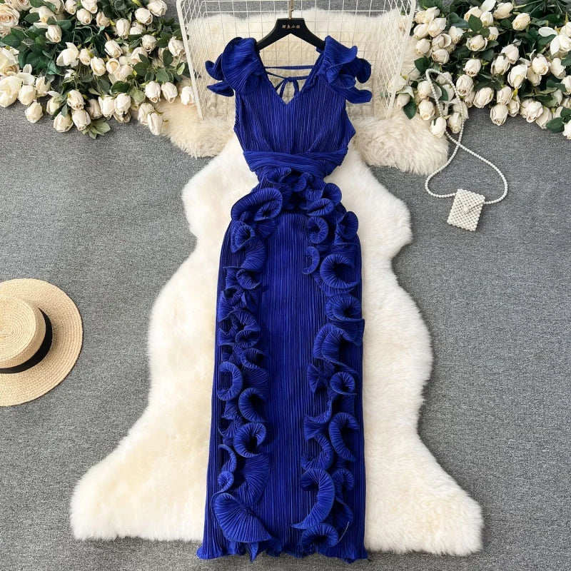 Ruffles Spliced Sleeveless V-Neck Bodycon Maxi Long Evening Dress