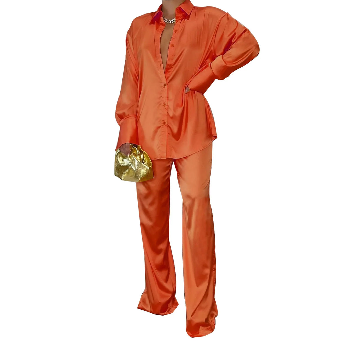 Elegant Satin Women's Long Sleeve Tracksuit And Wide Leg Pants