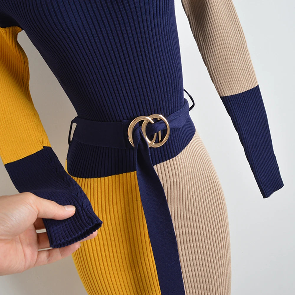 Women's Knitted Color Block Long Sleeve Turtleneck Sweater Dress with Belt