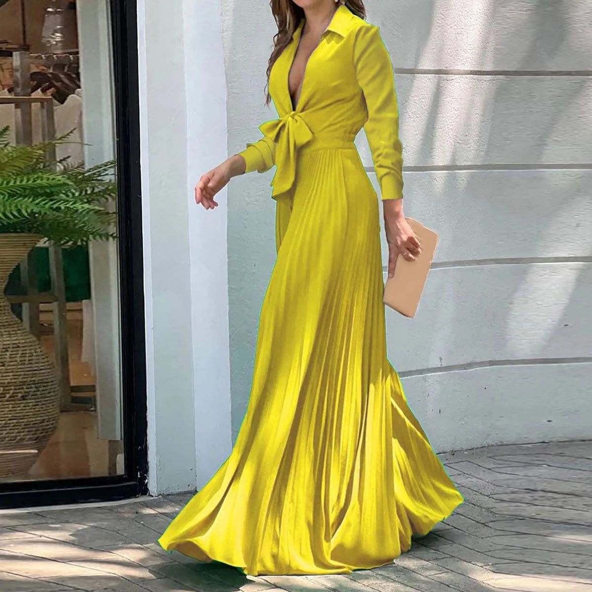 Women Elegant High Waist Long Sleeve Deep V Neck Bow Tie Collar Maxi Dress