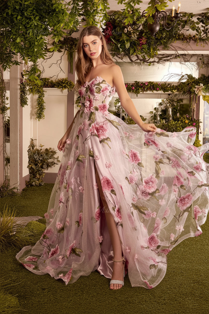Flower Embroidery Elegant Luxury Chiffon Sweetheart Sexy Gown