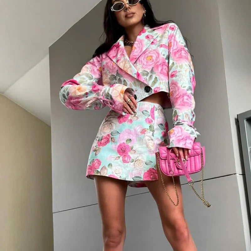 Floral Print Elegant Long Sleeve Lapel Button Crop Top Bodycon Mini Skirt Two Piece Set