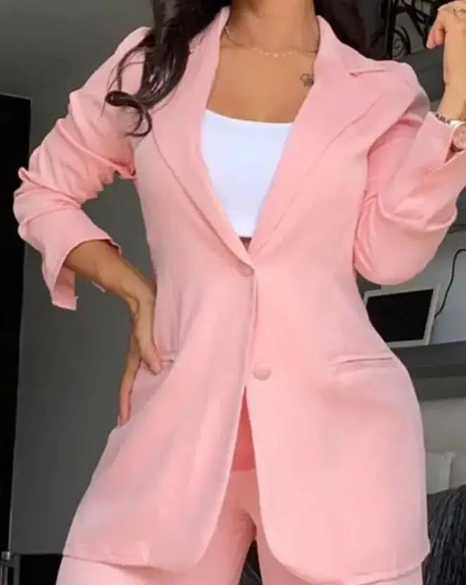 Designer Solid Color Button Blazer & Straight Leg Pant 2pc Set