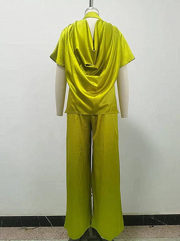 Women Two Piece Turn Down Collar Short Sleeve Shirt & Wide High Waist Leg Long Pants