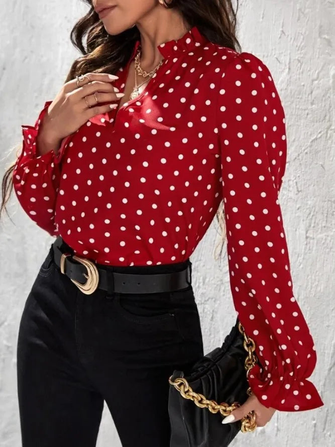 Women's Elegant Professional V-neck Polka Dot Long Sleeved Casual Chiffon Blouse