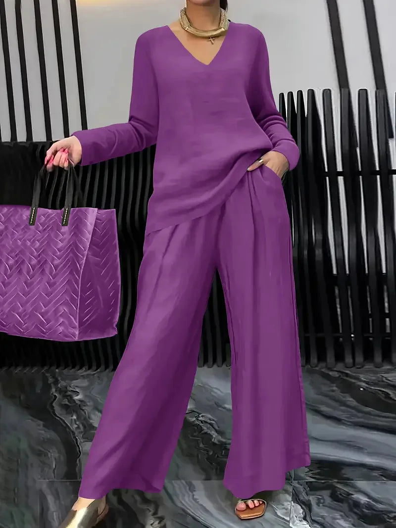 Summer Fashionable V-neck Top+ Long Pants 2 Piece Set