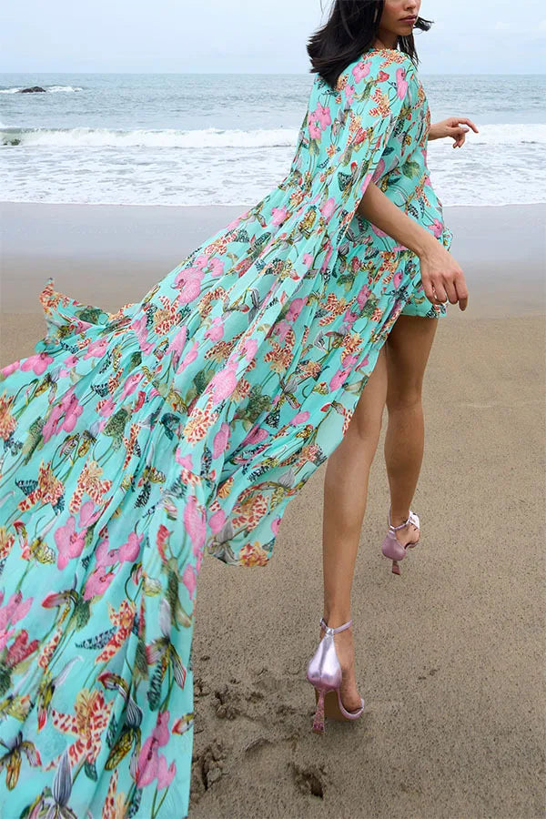 Flower Print Chiffon Big Hem Slim Mini Designer Dress