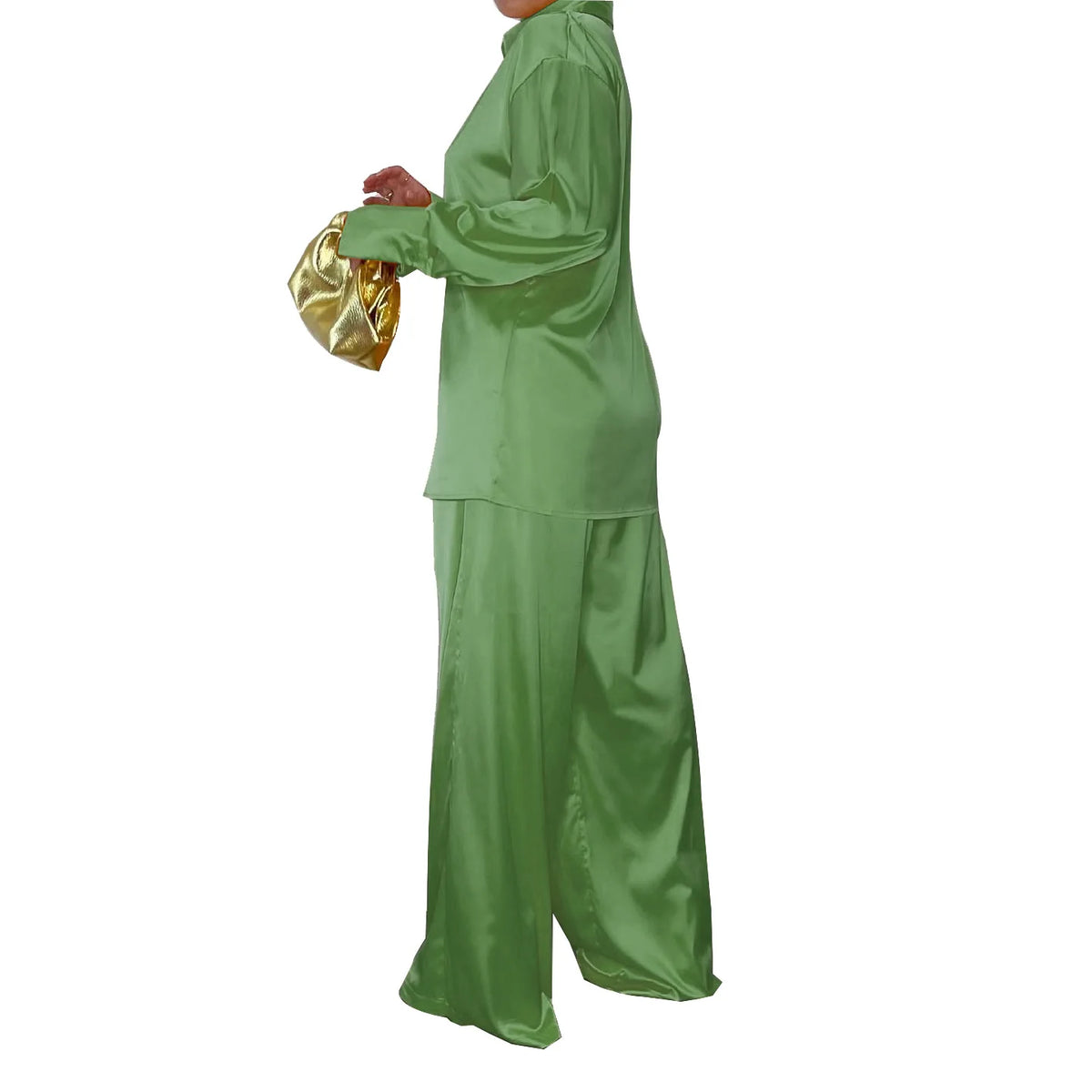 Elegant Satin Women's Long Sleeve Tracksuit And Wide Leg Pants