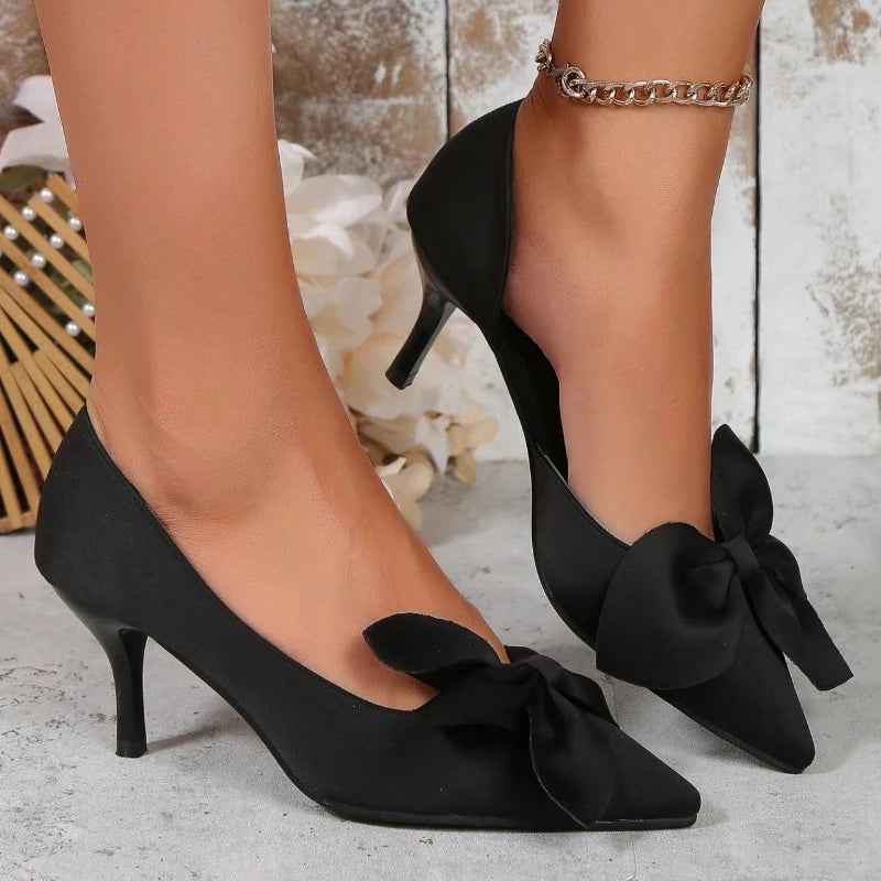 Women Sexy Pointy Shallow Mouth Toe with Bow Kitten Heel Shoes