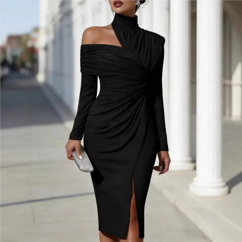 Women's Elegant Off Shoulder High Neck Midi Ruched Dress With Split
