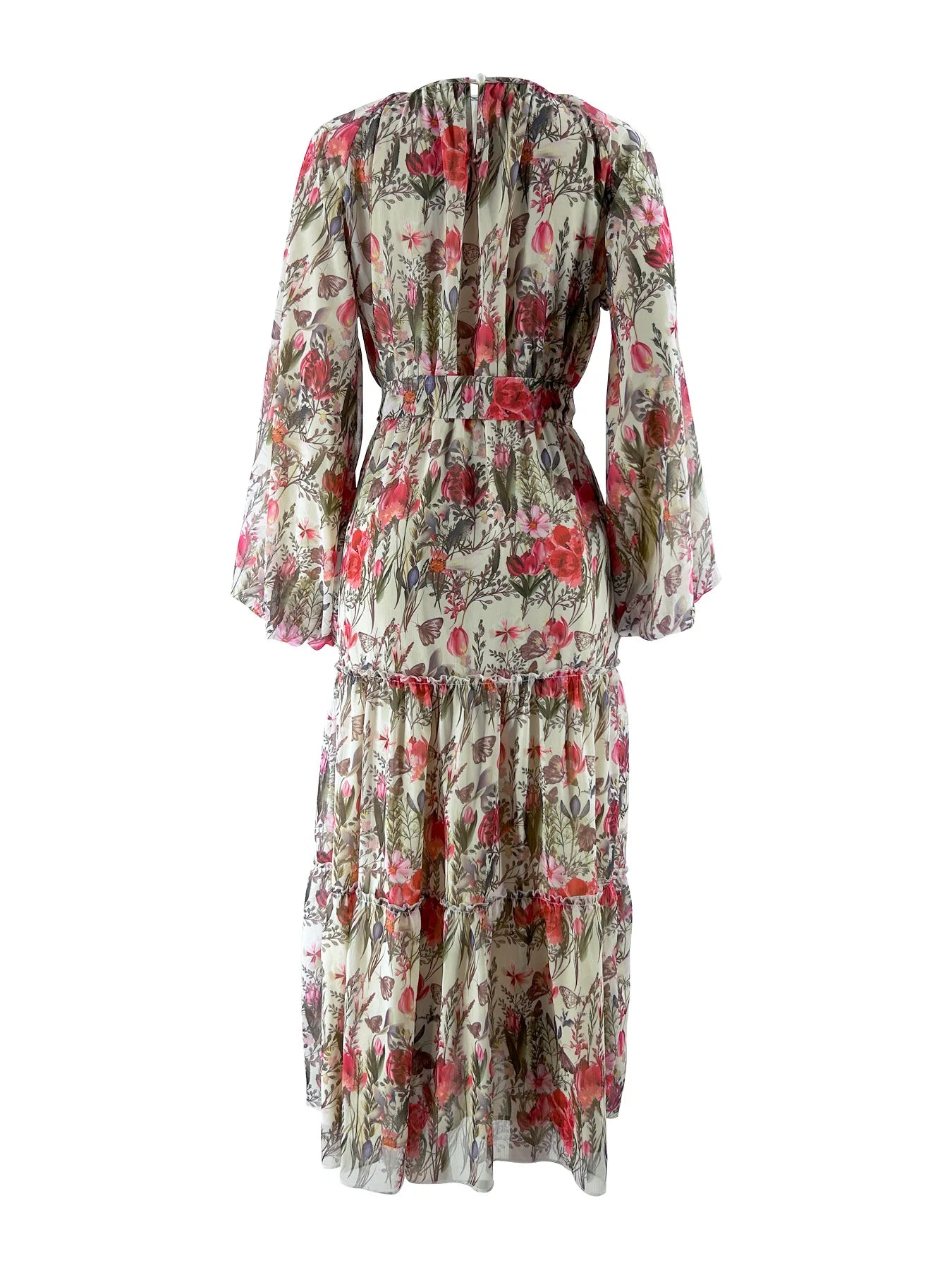 Women's Floral Printed Long-sleeved Chiffon Lace-up Dress