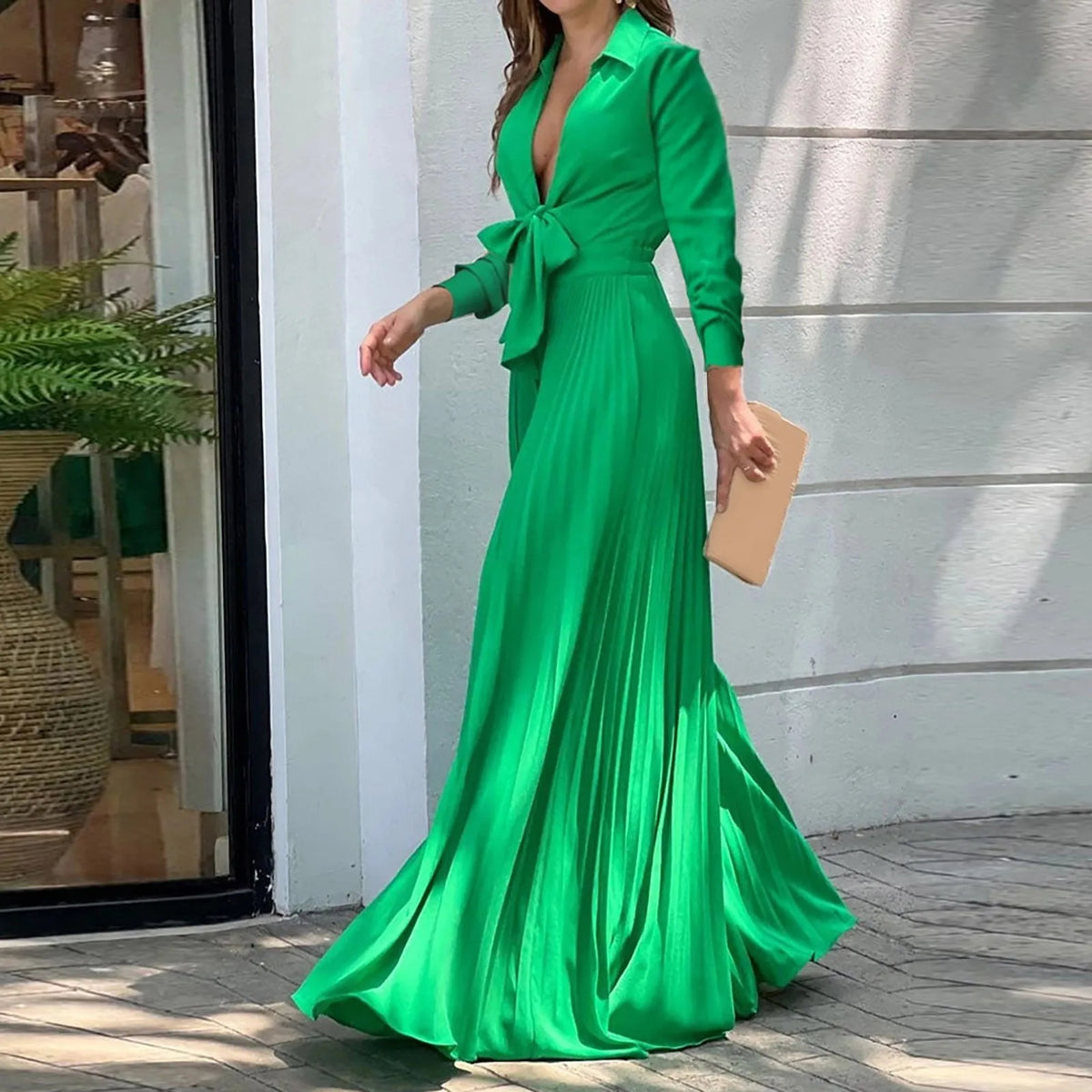 Women Elegant High Waist Long Sleeve Deep V Neck Bow Tie Collar Maxi Dress