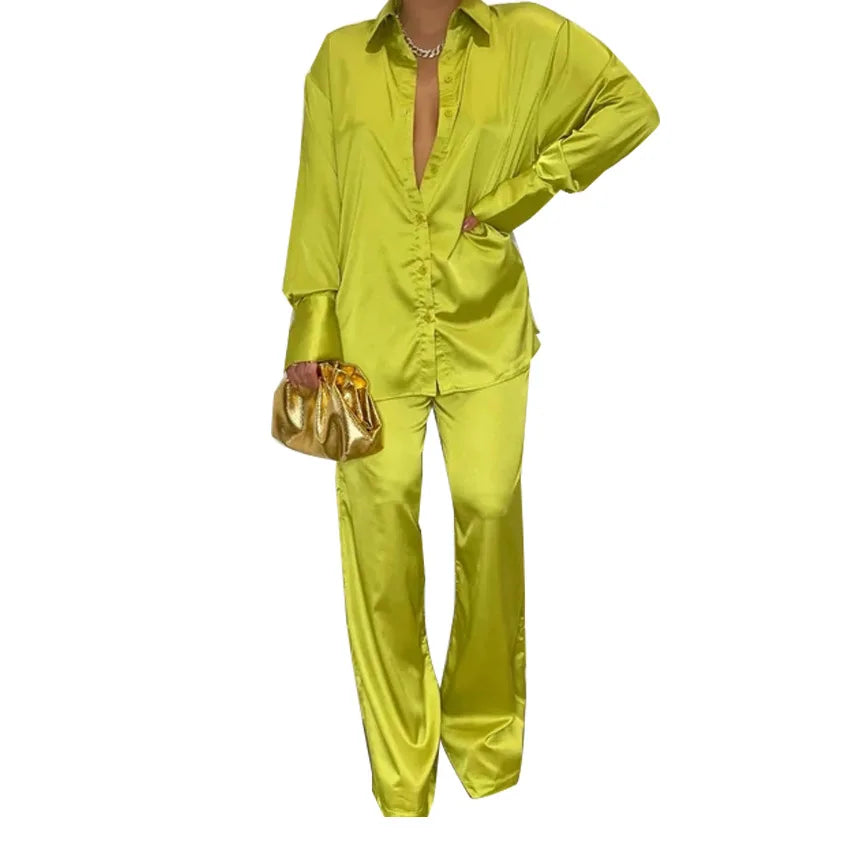 Elegant Satin Women's Long Sleeve Tracksuit And Wide Leg Pants