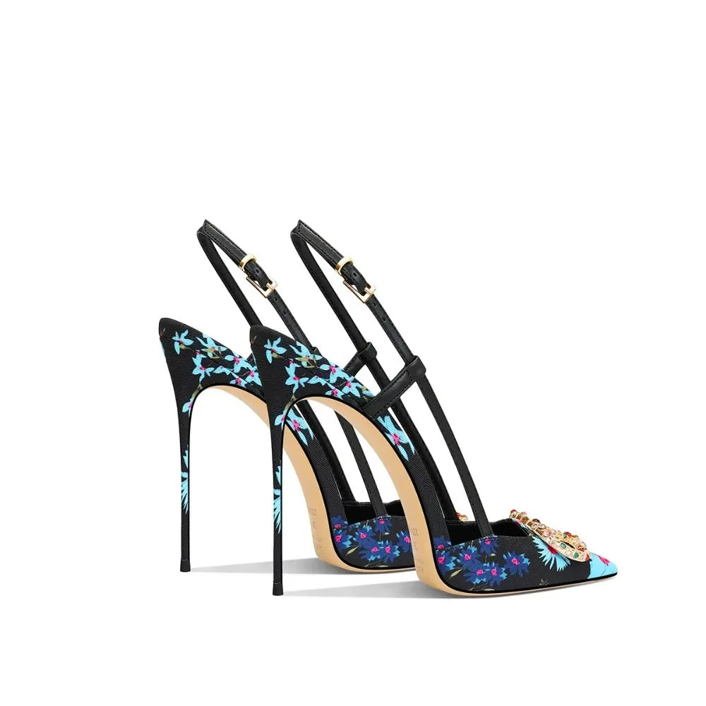 Elegant Floral Pointed Toe Jewel Buckle Stiletto Heels