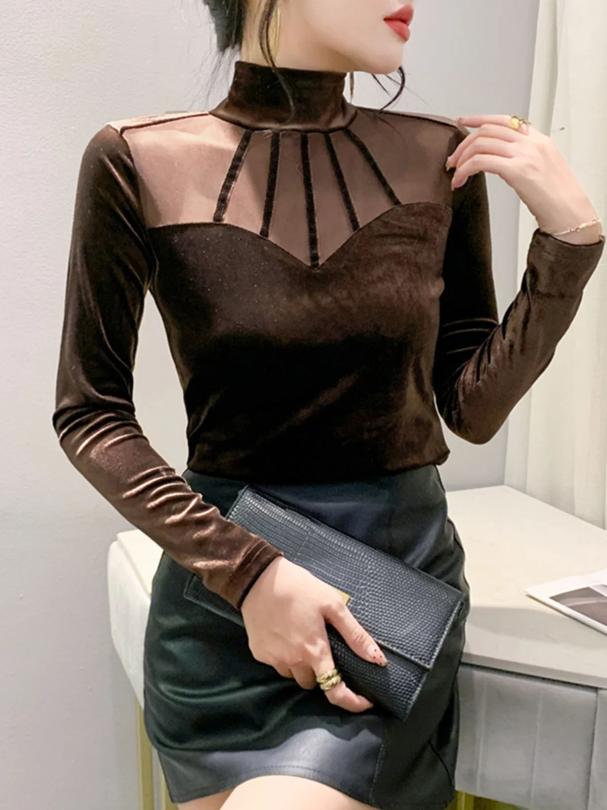 Velvet Mesh Slim T Designer Long Sleeve Turtleneck