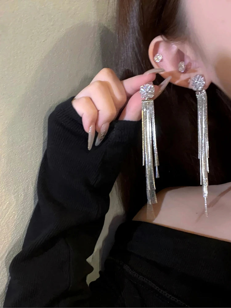 Women's Designer Crystal Rhinestone Long Tassel Drop Earrings