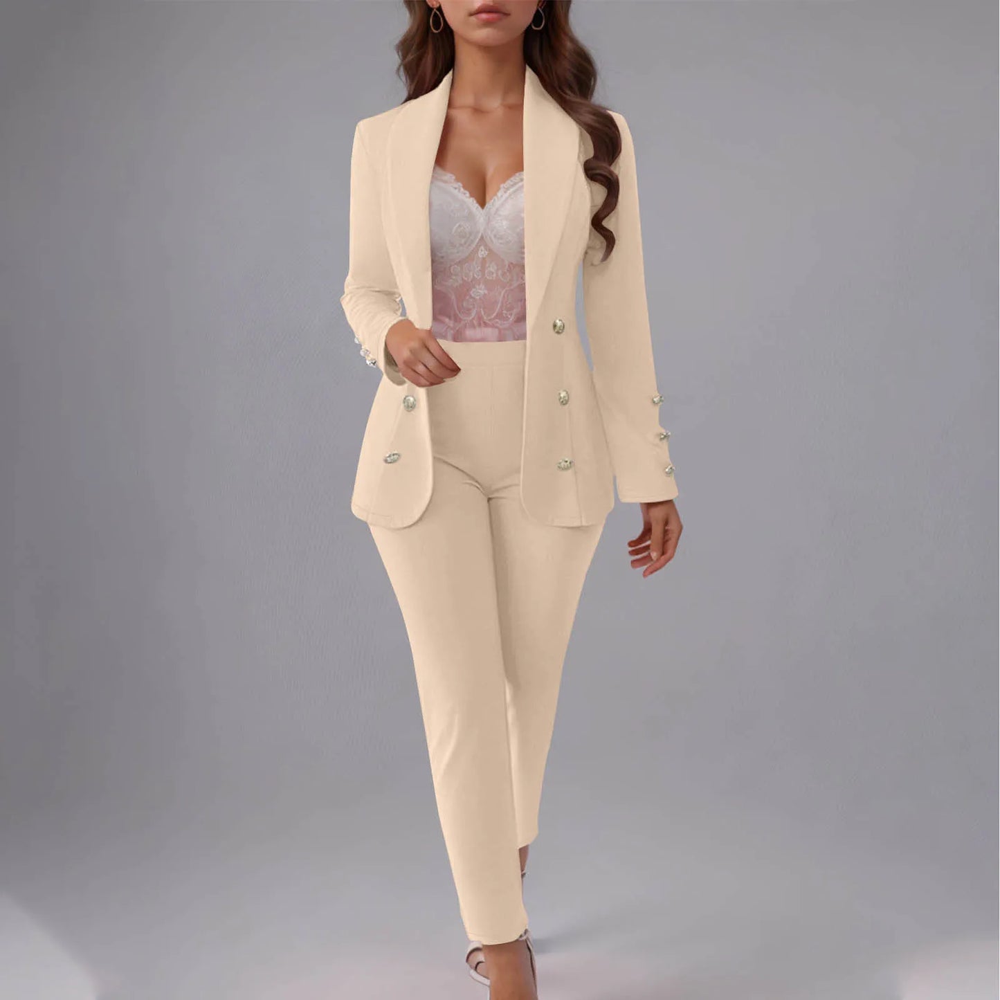Double Breasted Slim Fit Lapel Suit Jacket & Trousers 2 Piece Set