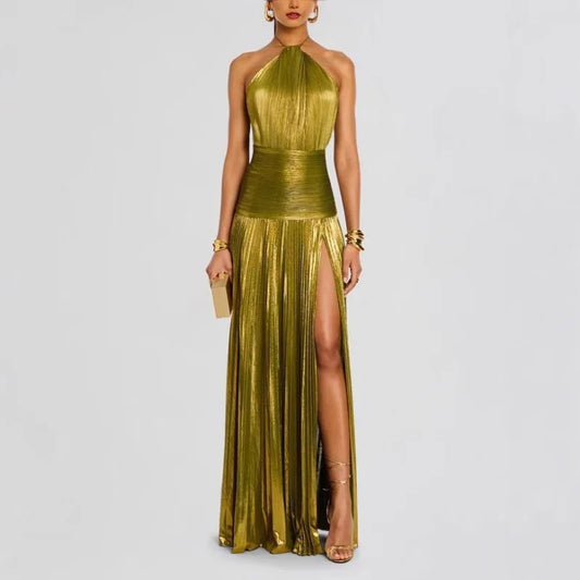 Metallic Gold Off Shoulder Backless Halter Long Dress w/ High Split