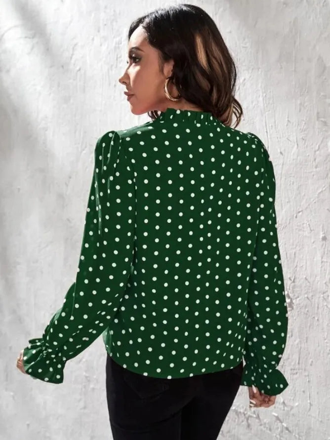 Women's Elegant Professional V-neck Polka Dot Long Sleeved Casual Chiffon Blouse