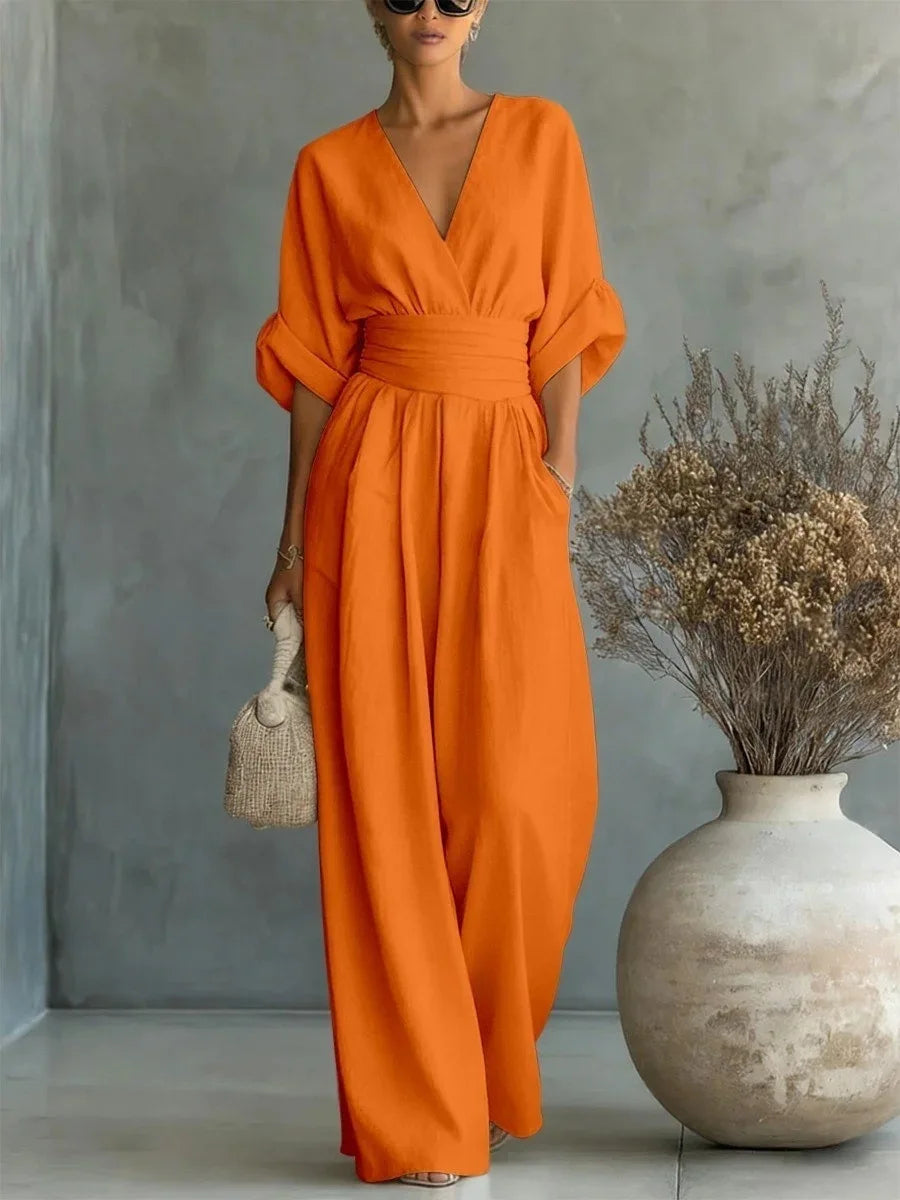 Women's High Waist V-neck Solid Color Wide Leg Jumpsuit