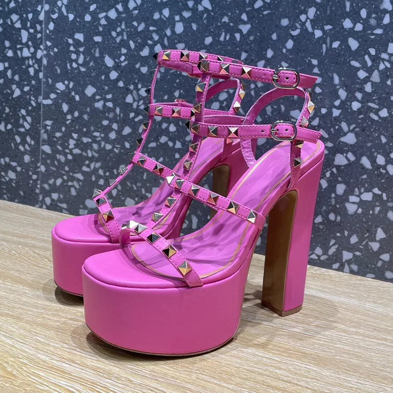 Women's Thick Soled Patent Leather Stage Runway High Heels with Rivets
