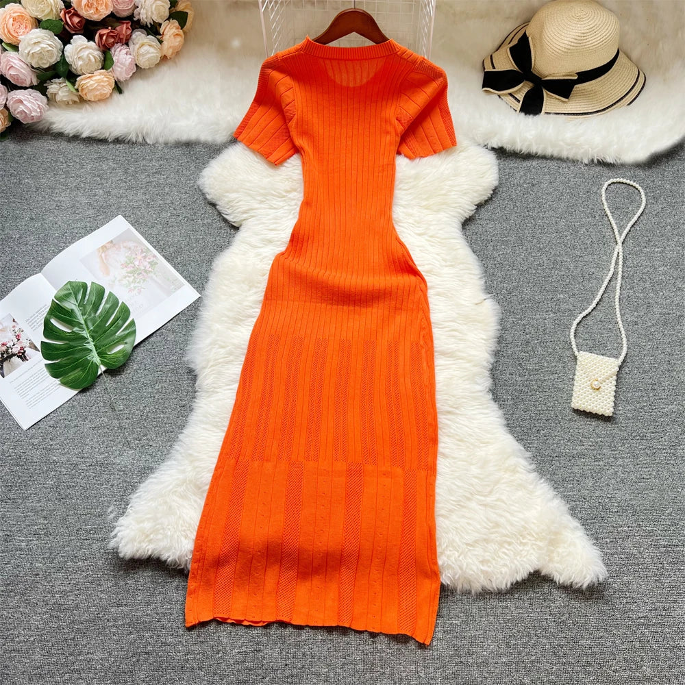 Knitted Designer Scoop Neck Short Sleeve Sweater Dress