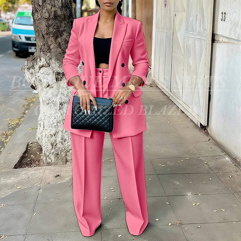 Elegant Women's Double Breasted Peak Lapel Blazer and Pleated Trouser Pants 2pc Suit