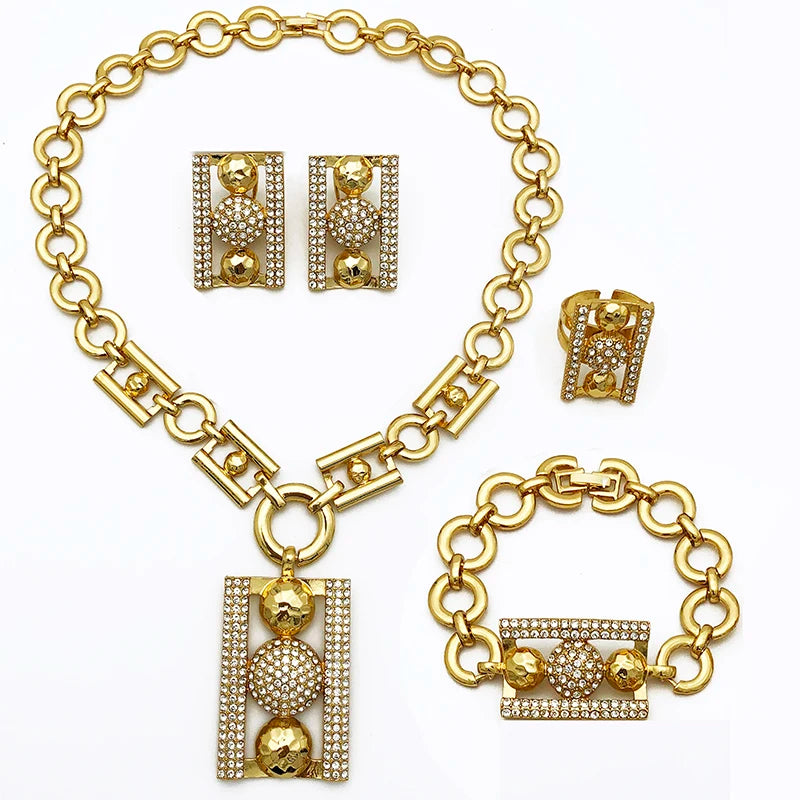 Women Rhinestone Luxury Design Rectangle Shape Necklace Bracelet Earring Ring Set