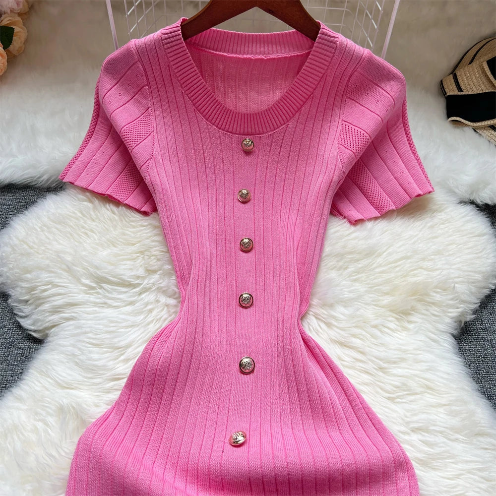 Knitted Designer Scoop Neck Short Sleeve Sweater Dress