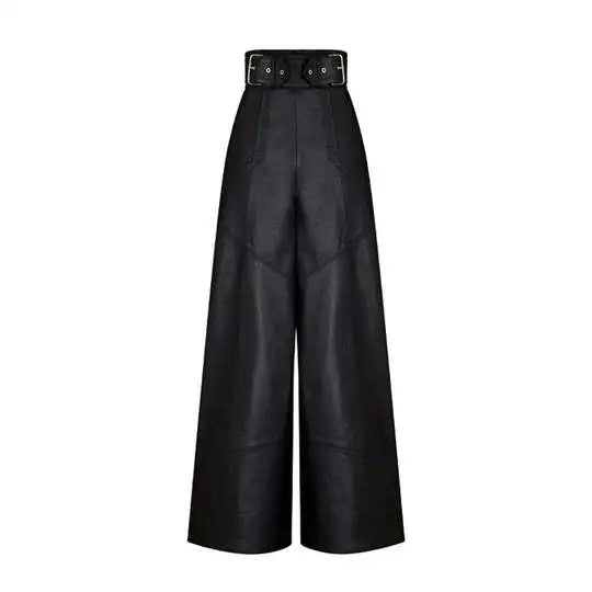 Women Faux Leather High Waist Loose Wide Leg Pants