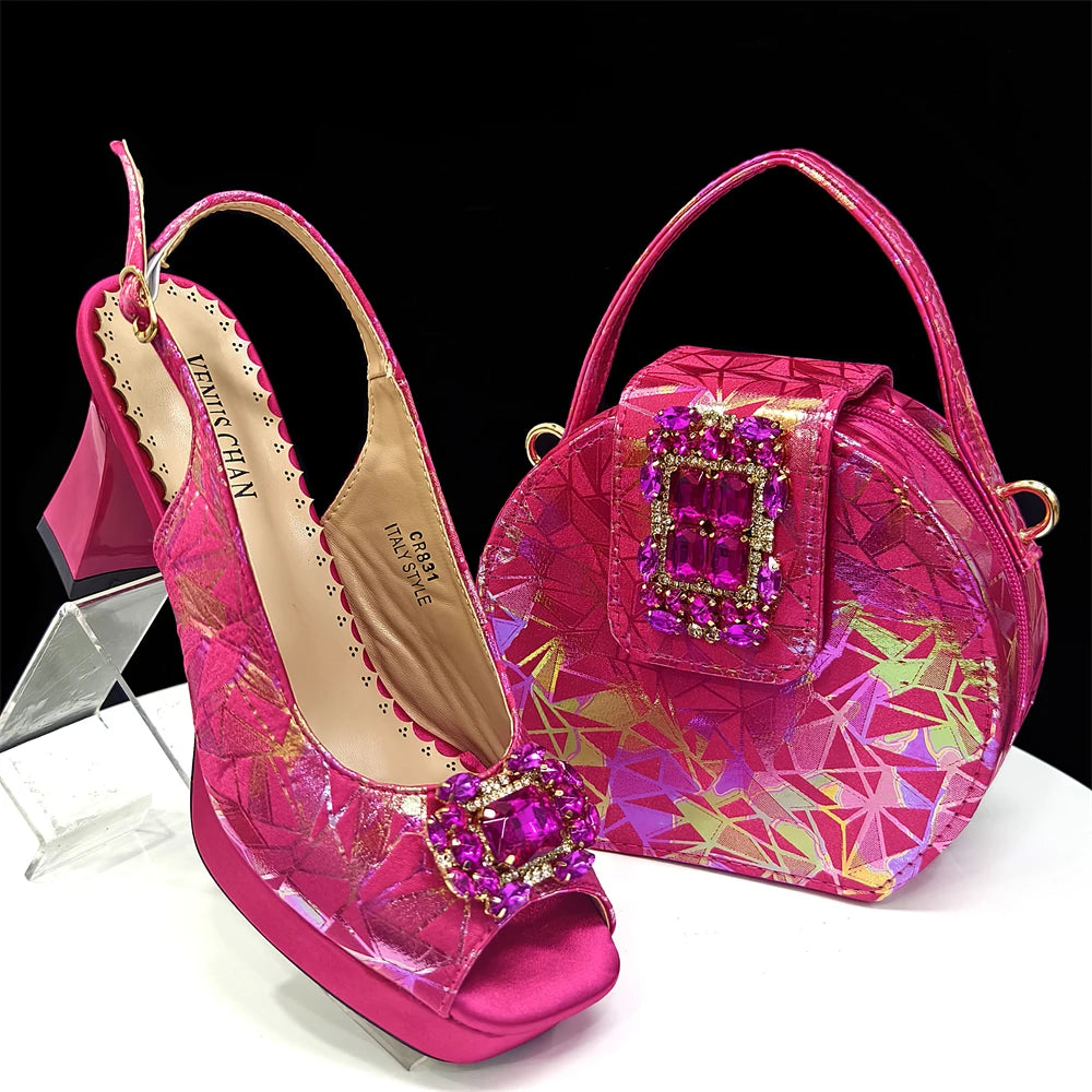 Elegant Women Peep Toe Designer Rhinestone Italian Shoes and Matching Bags