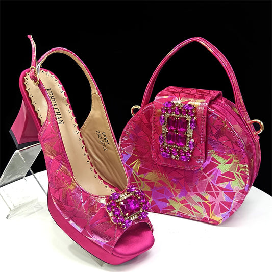 Elegant Women Peep Toe Designer Rhinestone Italian Shoes and Matching Bags