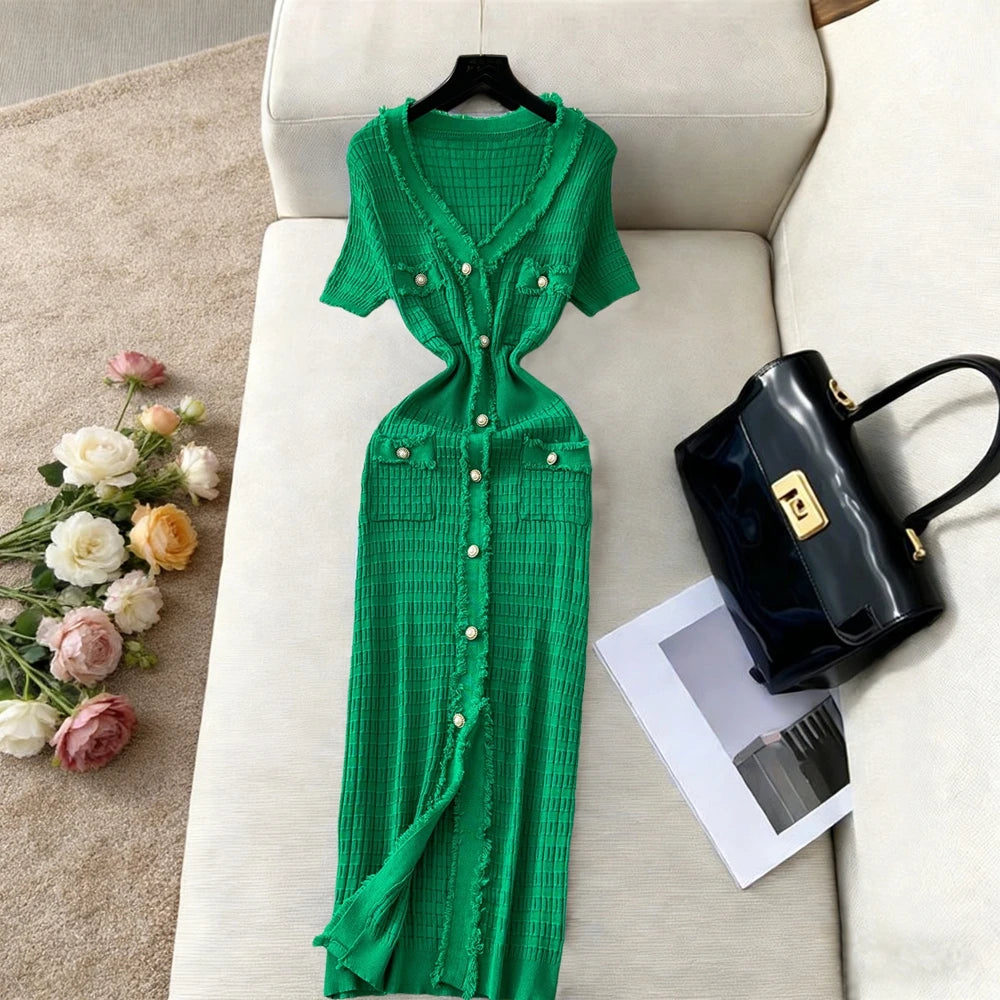 Short Sleeve Designer V-Neck Pearl Button Knitted Dress